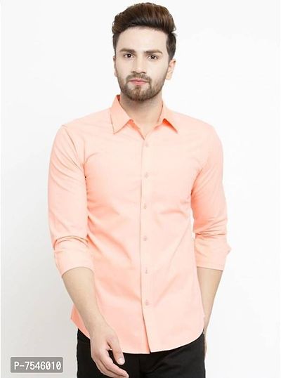 Peach Cotton Solid Casual Shirts For Men