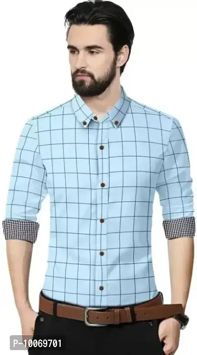 Turquoise Cotton Checked Casual Shirts For Men