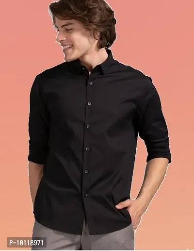 Black Cotton Solid Casual Shirts For Men