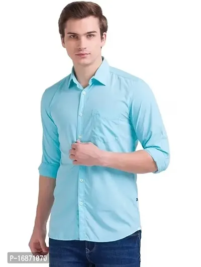 Turquoise Cotton Solid Casual Shirts For Men