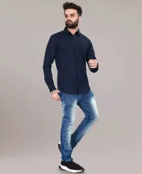 Navy Blue Cotton Solid Casual Shirts For Men-thumb3