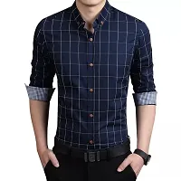 Navy Blue Cotton Checked Casual Shirts For Men-thumb2