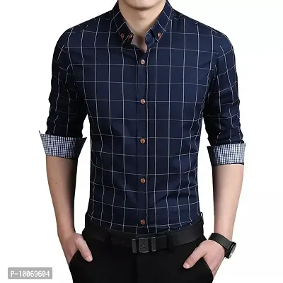 Navy Blue Cotton Checked Casual Shirts For Men-thumb3