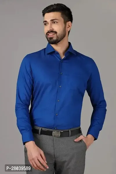 Classic Blue Cotton Long Sleeves Solid Formal Shirt For Men