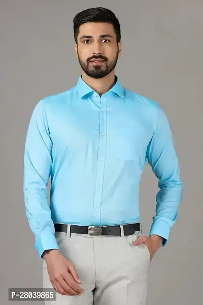 Classic Turquoise Cotton Long Sleeves Solid Formal Shirt For Men
