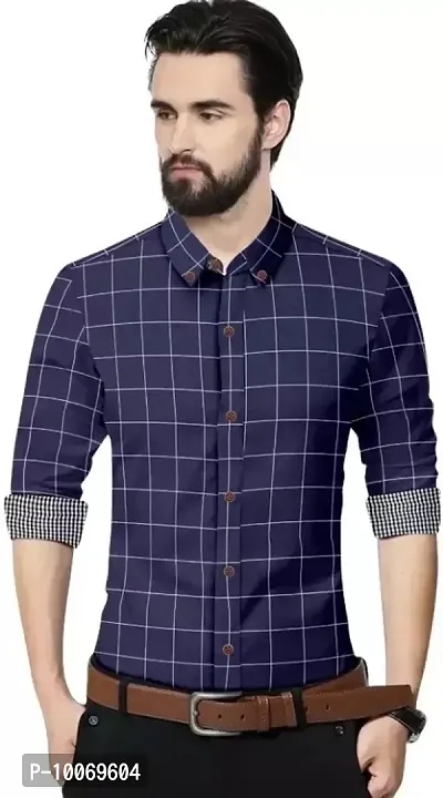 Navy Blue Cotton Checked Casual Shirts For Men-thumb0