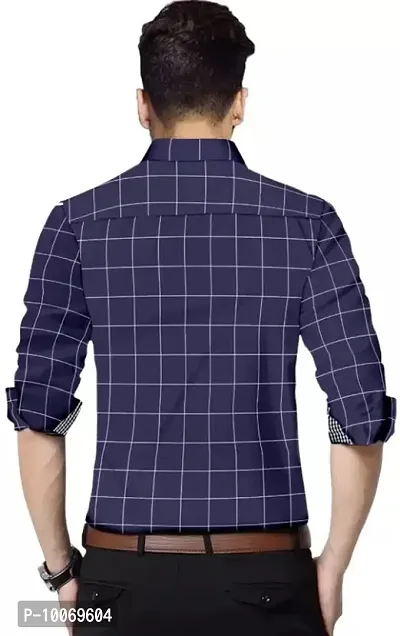 Navy Blue Cotton Checked Casual Shirts For Men-thumb4