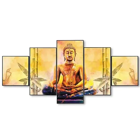Set Of Five Gautam Buddha Wall Painting With Frame For Living Room 3D Scenery For Wall (B1317X30) Inch.