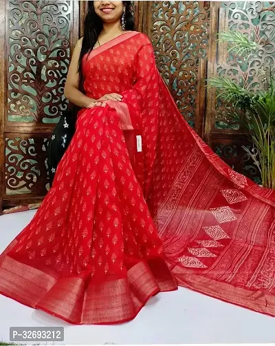 Elegant Red Cotton Blend Printed Saree With Blouse Piece For Women-thumb0