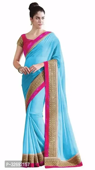 Elegant Turquoise Georgette Solid Saree With Blouse Piece For Women-thumb0