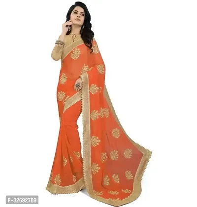 Elegant Orange Georgette Embroidered Saree With Blouse Piece For Women-thumb0