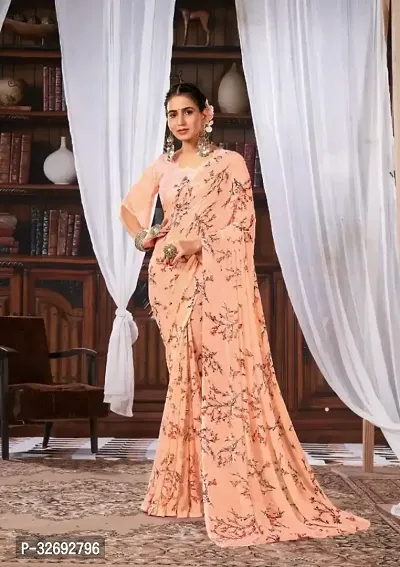 Elegant Peach Georgette Printed Saree With Blouse Piece For Women-thumb0