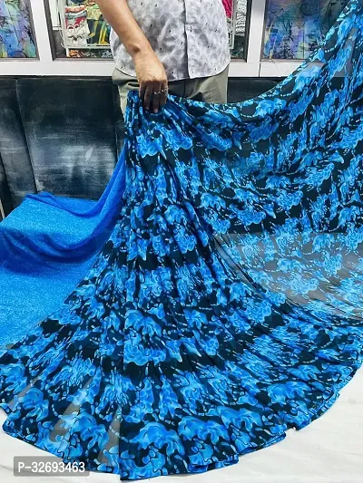 Elegant Blue Georgette Printed Saree With Blouse Piece For Women-thumb0