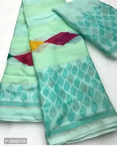 Elegant Turquoise Chiffon Printed Saree With Blouse Piece For Women