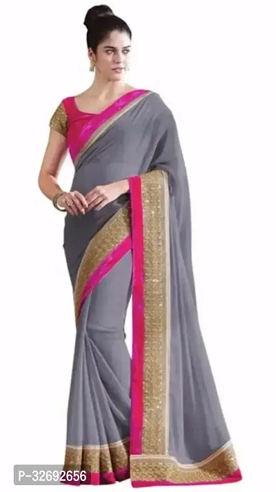 Elegant Grey Georgette Self Pattern Saree With Blouse Piece For Women