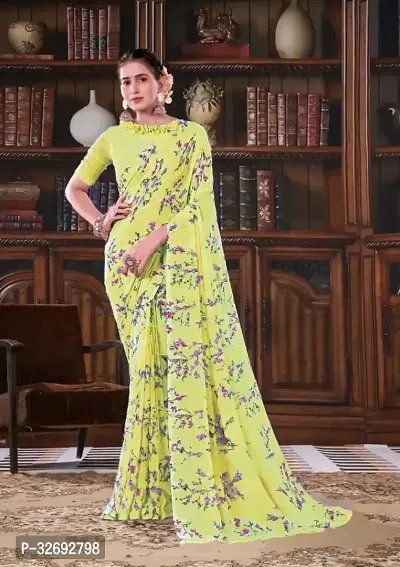 Elegant Yellow Georgette Printed Saree With Blouse Piece For Women-thumb0