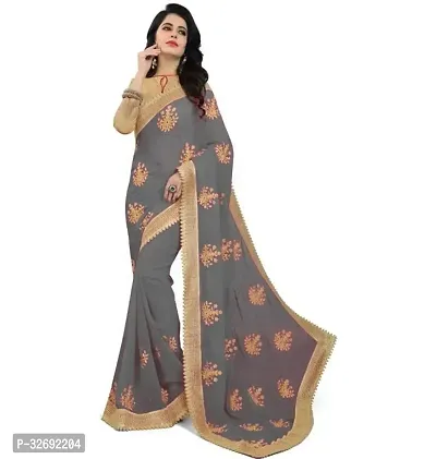 Elegant Grey Georgette Embroidered Saree With Blouse Piece For Women-thumb0