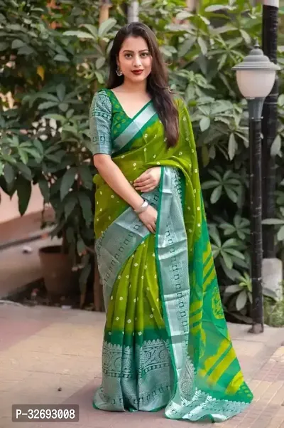 Elegant Green Cotton Blend Self Pattern Saree With Blouse Piece For Women