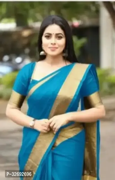 Elegant Blue Cotton Silk Self Pattern Saree With Blouse Piece For Women-thumb0