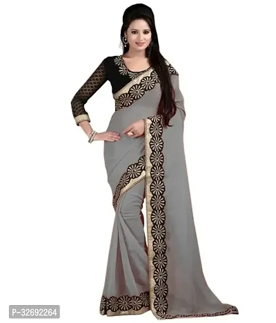 Elegant Grey Georgette Embroidered Saree With Blouse Piece For Women-thumb0