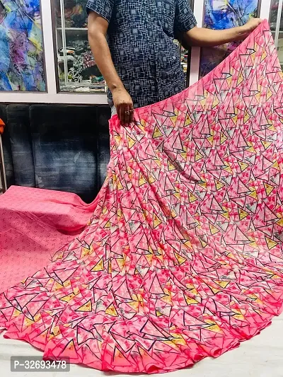 Elegant Pink Georgette Printed Saree With Blouse Piece For Women-thumb0