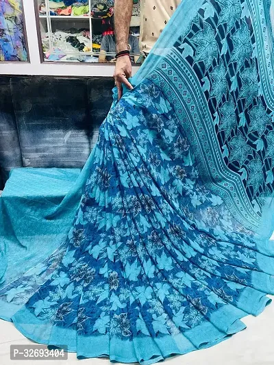 Elegant Turquoise Georgette Printed Saree With Blouse Piece For Women-thumb0