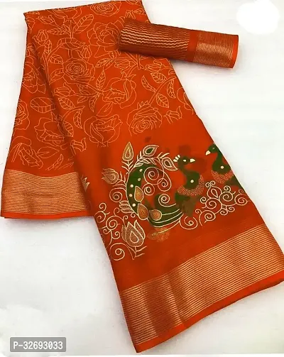 Elegant Orange Chiffon Printed Saree With Blouse Piece For Women-thumb0