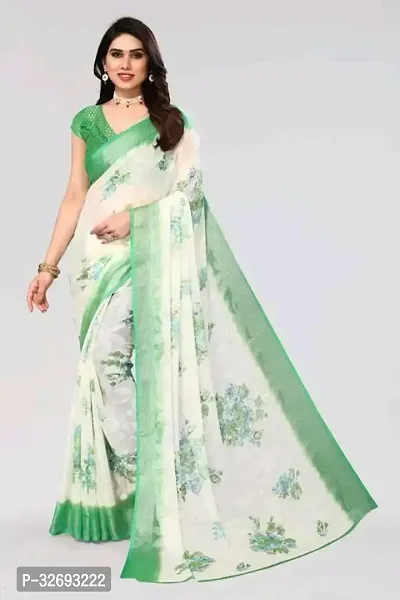 Elegant Multicoloured Cotton Blend Printed Saree With Blouse Piece For Women-thumb0