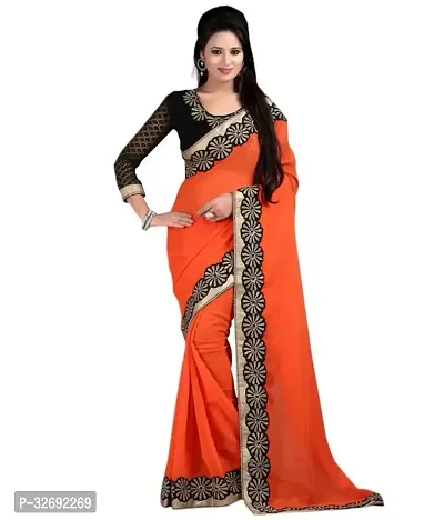 Elegant Orange Georgette Embroidered Saree With Blouse Piece For Women-thumb0