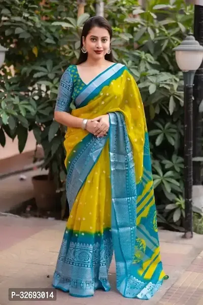 Elegant Yellow Cotton Blend Self Pattern Saree With Blouse Piece For Women