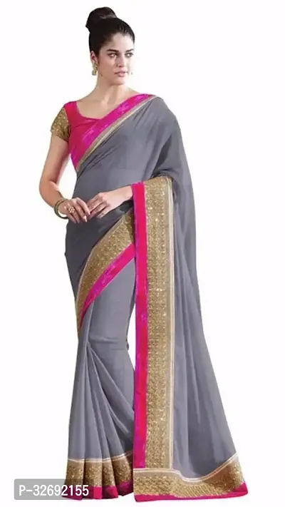 Elegant Grey Georgette Solid Saree With Blouse Piece For Women