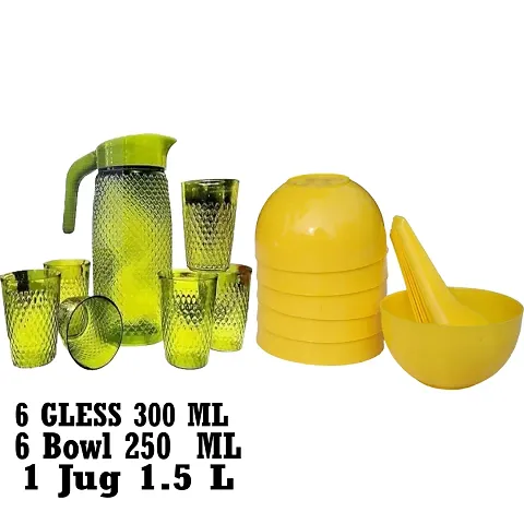 Plastics 1 Water Jug With 6 Glass Set And 6 Bowl With 6 Spoon