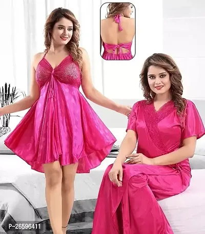 Women Night Dress Satin Maxi Nighty Night Dress With Inner Set Of 2