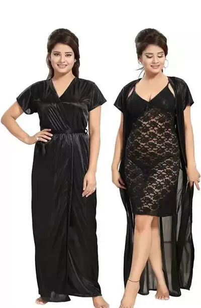 Women Night Dress Satin Maxi Nighty Night Dress With Inner Set Of 2