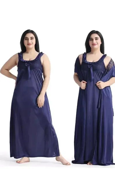 Women Night Dress Satin Maxi Nighty Night Dress With Inner Set Of 2