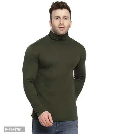 Men's Green Cotton Solid High Neck Tees