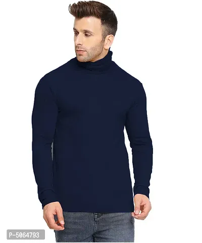 Men's Navy Blue Cotton Solid High Neck Tees