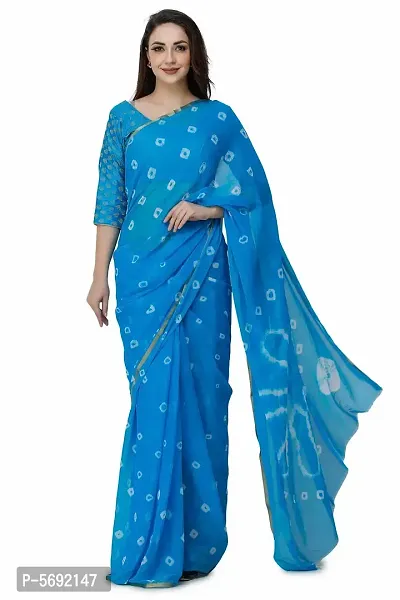 Blue Printed Chiffon Saree with Blouse Piece