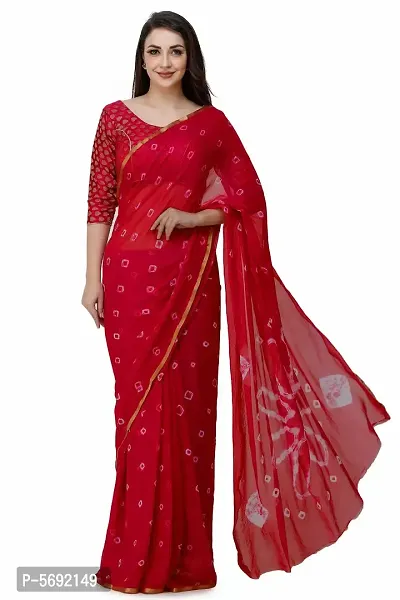Red Printed Chiffon Saree with Blouse Piece
