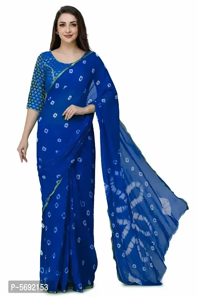 Blue Printed Chiffon Saree with Blouse Piece