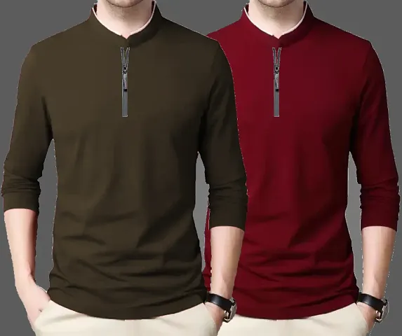 Stylish Slim Fit Full Sleeves Multicolored Solid  Mens Tees Combo (Pack of 2)