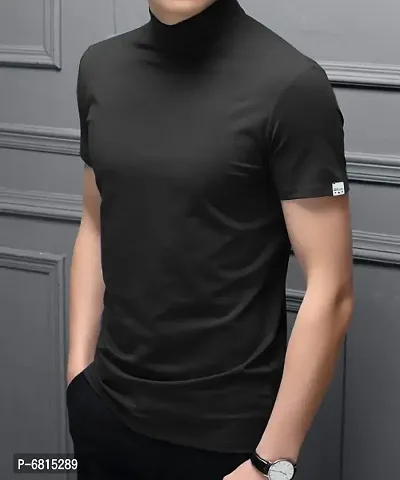 Stylish Polyester Black High Neck Tees Solid T-shirt For Men-thumb2