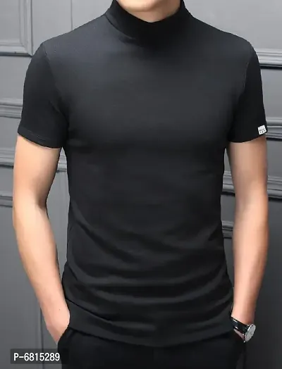 Stylish Polyester Black High Neck Tees Solid T-shirt For Men-thumb0