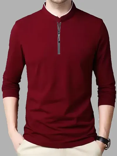 Polyester Blend Full-sleeve Mandarin Collar Tees Fashionable T-shirt for Men
