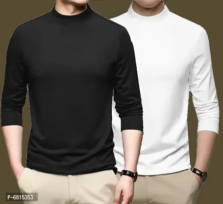 Stylish Polyester Full Sleeves Solid Turtle Neck High Neck T-Shirt For Men Pack Of 2