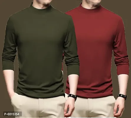 Stylish Polyester Full Sleeves Solid Turtle Neck High Neck T-Shirt For Men Pack Of 2-thumb0