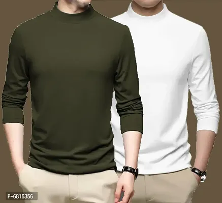 Stylish Polyester Full Sleeves Solid Turtle Neck High Neck T-Shirt For Men Pack Of 2