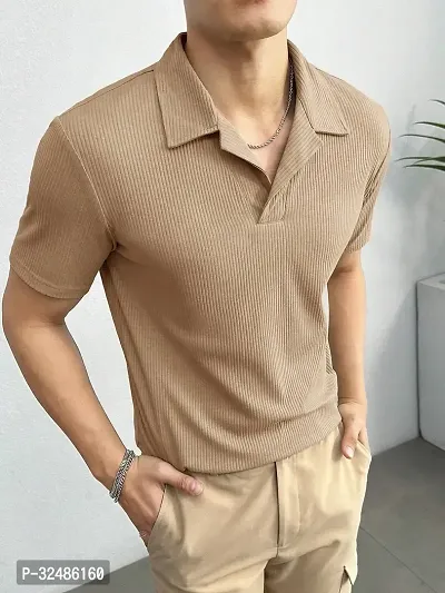 Stylish Polyester Blend Beige Solid Polos For Men-thumb3