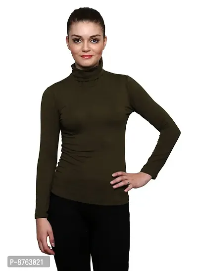 LIME Solid Slim fit Cotton High Neck Long Sleeve T Shirt for Woman (32, Green)