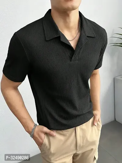 Reliable Black Polyester Blend Solid Polo T-Shirt For Men-thumb3